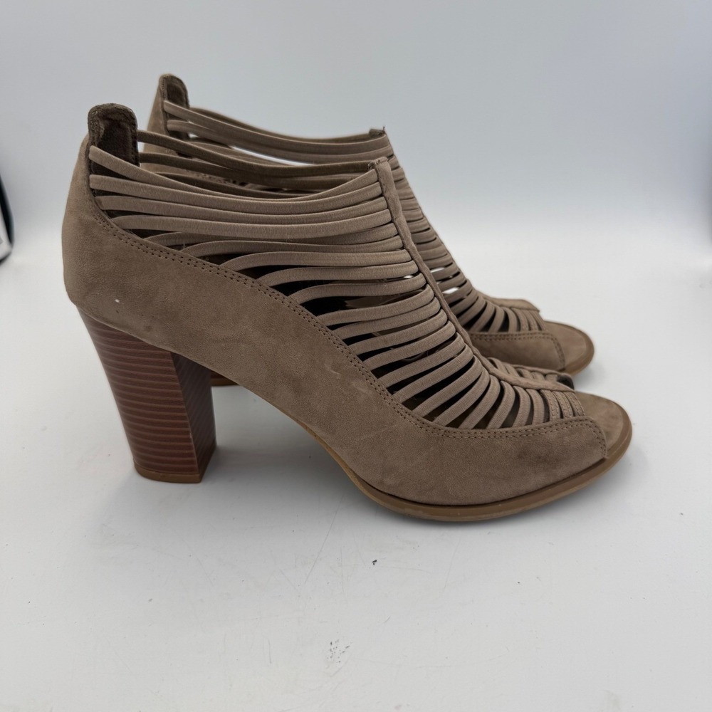 MIA Shellie Indie Taupe Caged Elastic Block Heel Sandals Womens 9.5M